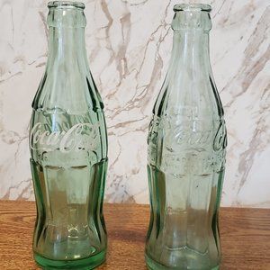 Pair Vintage Green Hobbleskirt Coca Cola Glass Bottles Thick-Good Cond/Very Rare